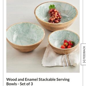 Elegant Floral Wood and Enamel Serving Bowls - Set of 3